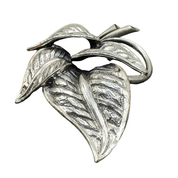 Tortolani Leaf Brooch Layered Leaves Silver Tone Pin Botanical Cluster 3.5" MCM - Picture 6 of 10